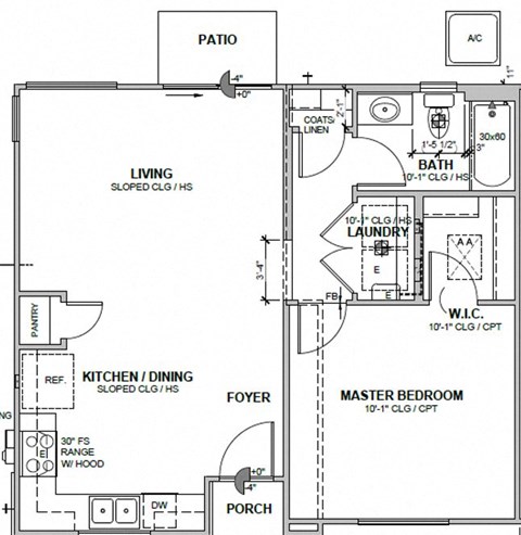 Floor plan for 1 bed, 1 bath, 679 sqft